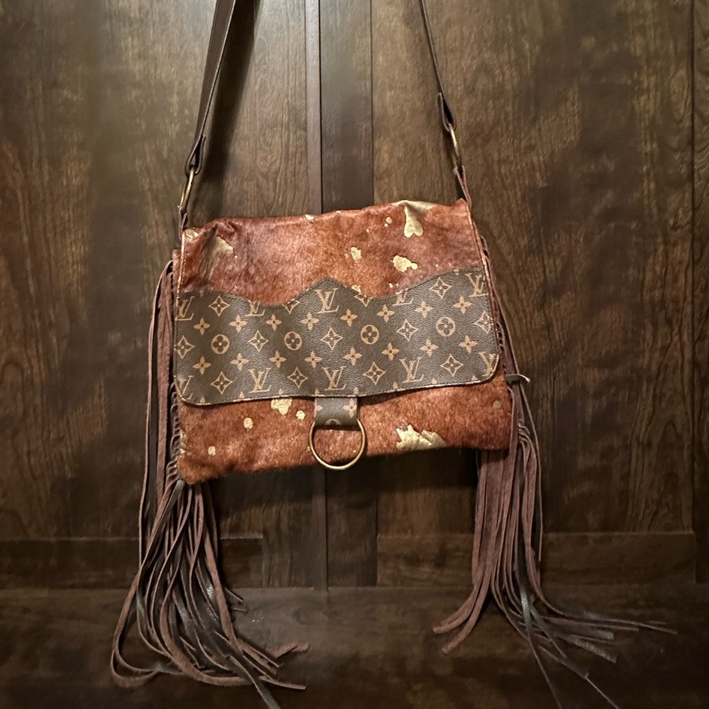 Louis Vuitton Repurposed Leather Fringe Boho Cow Shoulder Bag Purse